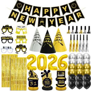 New Years Eve Party Supplies 2026 for 12, New Years Eve Party Decorations, 6 Hat, 6 Glasses, 12 blowouts, 6 Table Centerpiece, 2 Foil Fringe Curtains, 18 Balloons, Great NYE Decorations Pack