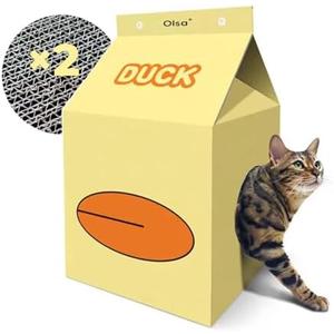 Olsa Cardboard Cat House with Scratch Pad and Catnip, Cat Scratcher Box in Door, Cat Hideaway, Cat Scratching Toy Box, 20.8 * 12.4 * 12.4 inch