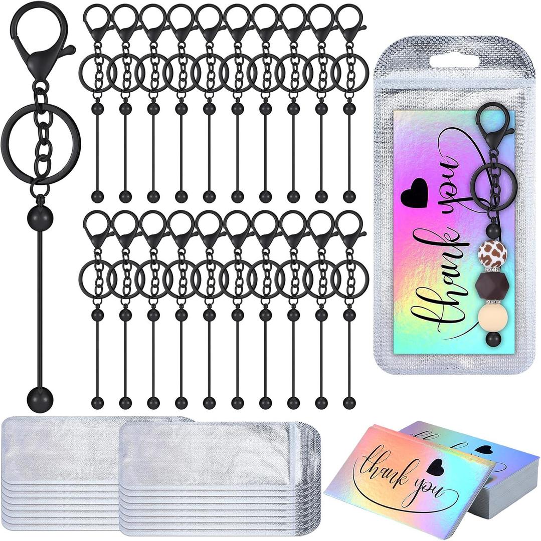 Sasylvia 60 Pcs Beadable Keychain Bars Bulk Making Kit 20 Beaded Keychain 20 Bag 20 Thank You Cards for DIY Keyrings Charms(Black)