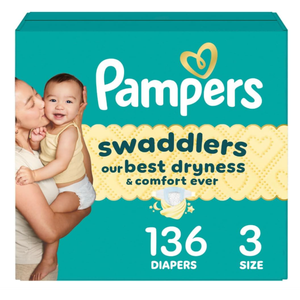 Pampers Swaddlers Diapers, Size 3 (1326 lbs), 136 Count, Absorbent, Keeps Baby Dry and Comfortable, Skin Safe Disposable Baby Diaper 