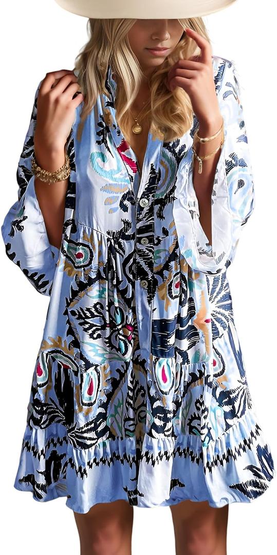 Summer Dresses for Women 2025 Flowy Ruffle 3/4 Sleeve V Neck Tiered Casual Babydoll Boho Beach Mini Dress (X-Large, Blue Tribe)