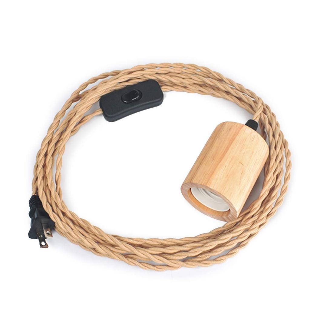 Arturesthome Wood Pendant Light Cord Kit with Switch, 9.8FT Vintage Industrial Hanging Light Plug in Lamp Cord with Twisted Nylon Rope Lights Socket E26 E27 for Farmhouse Lamp Cable Retro DIY