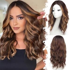 Eawwii Brown Highlight Long Wavy Wig for Women, Pre-Cut HD Lace Natural Hairline, Glueless Middle Part, Synthetic Fiber for Daily and Party Use 18Inch
