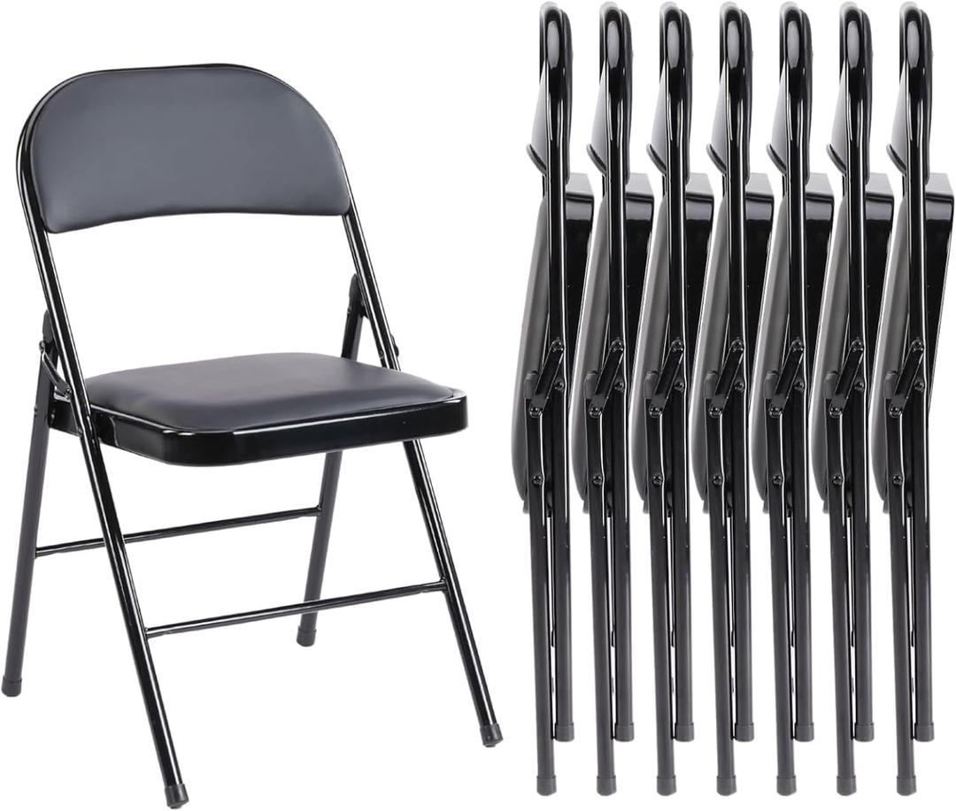 Sweetcrispy Folding Chair 8 Pack, Leather Padded Folding Chairs, Sturdy Metal Foldable Chairs, Easy to Use and Store, Outdoor and Indoor, for Home, Office, Party, Comfy, Black