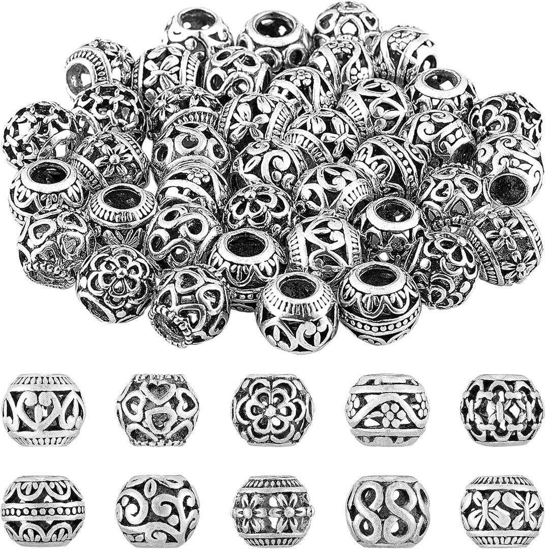 60 Pieces Silver Tone Spacer Loose Beads Hollow Filigree Tibetan Alloy Beads Spacer 12 mm Tiny Metal for Life Design DIY Jewelry Craft Making Necklace Bracelet Supplies