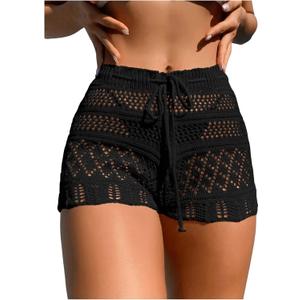 SHENHE Women's Crochet Cover Up Shorts Hollow Out Tie Front Sheer Beach Shorts Coverups (Medium, Black)
