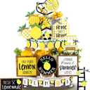 Bucherry 19 Pcs Summer Lemon Tiered Tray Decor Set Farmhouse Wood Summer Table Decorations Rustic Wooden Table Signs Tiered Tray Decor for Home Kitchen Shelf Tabletop