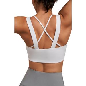 Strappy Sports Bra Criss Cross Back Padded Workout Bra with Wide Band Medium Support Yoga and Running Bra for Women (White, M)