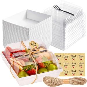 50 Pack Small Charcuterie Boxes with Clear Lids and Forks - To Go Paper Mini Charcuterie Box, Disposable Food Containers, 5Inch Dessert Boxes for Cookie, Cake Slice, Strawberries (White)