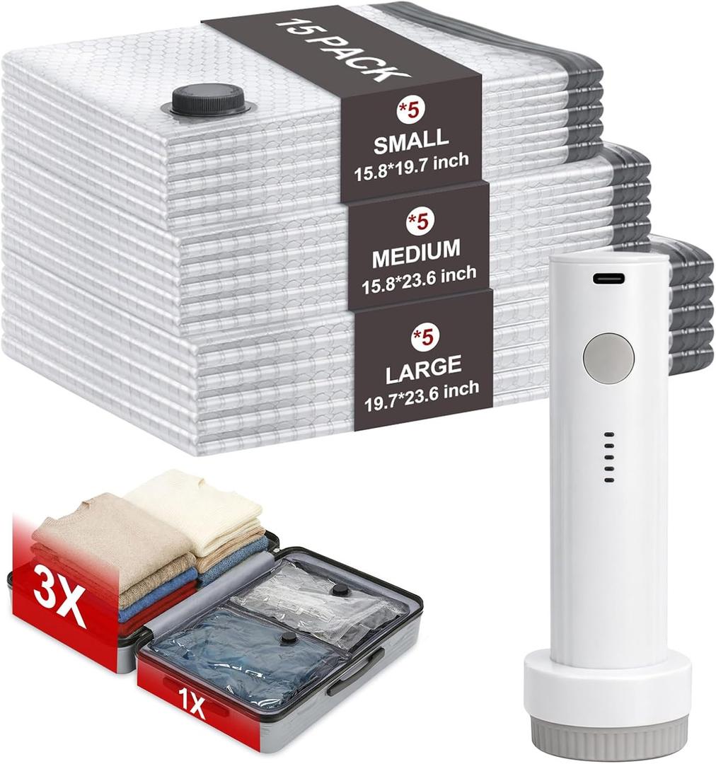 Vacuum Storage Bags for Travel, 15 Pack Vacuum Seal Bags for Clothing With Wireless Electric Pump, Space Saver Bags for Luggage, Clothes, Seasonal Storage- Vacuum Compression Bags Travel Essentials