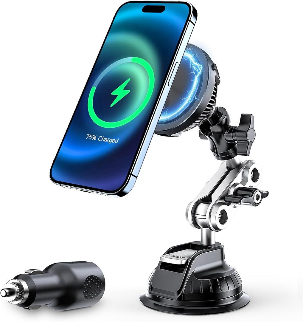 This Hill 15W Magnetic Wireless Car Charger Mount, Compatible with MagSafe, Phone Holder with 360° Suction Cup & Aluminum Alloy Telescopic Arm Compatible with iPhone 12-17 Series