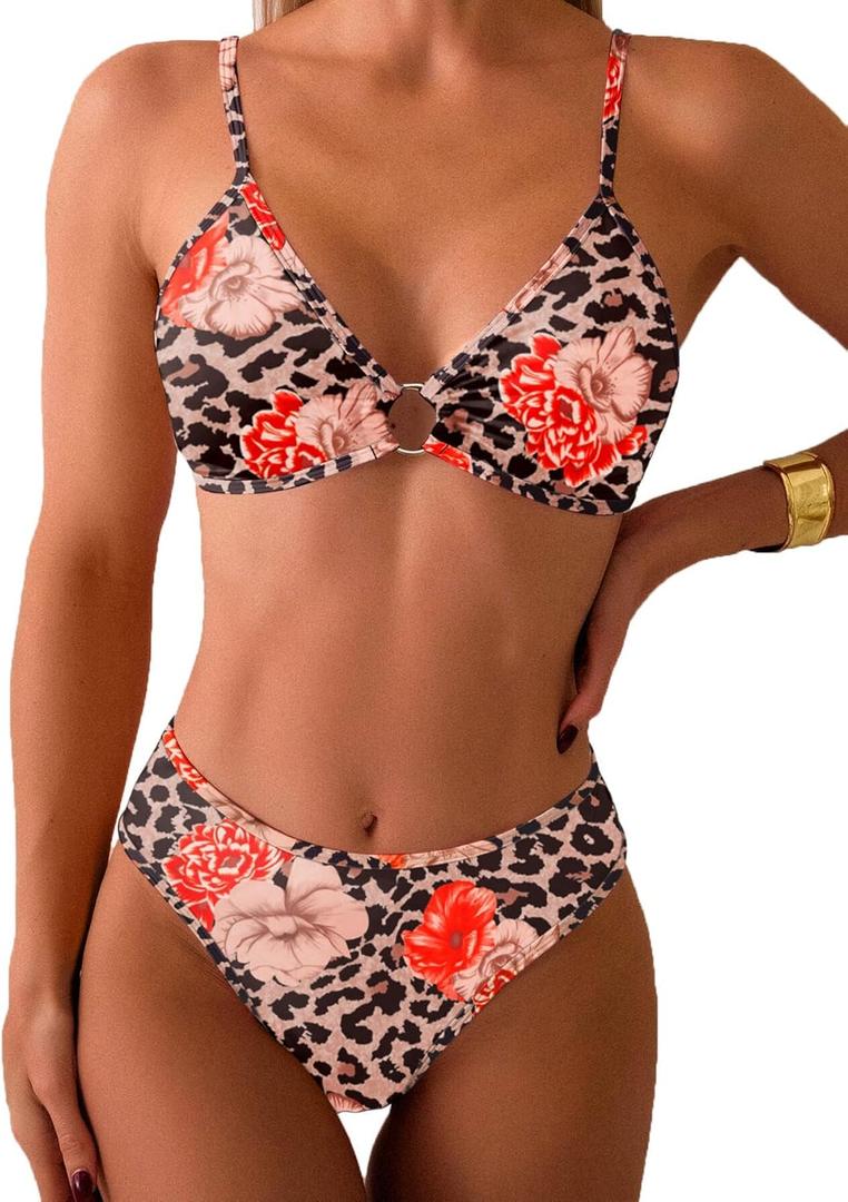 Fanuerg Women's Triangle Bikini Sets O Ring Linked Two Piece Swimsuits Floral Printed Cheeky Bathing Suit (Large)