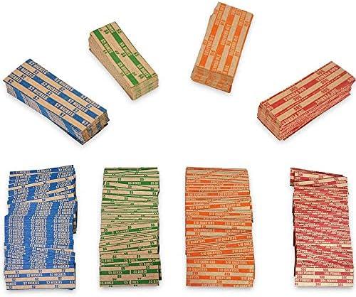 Pack of 8 Essential 200 Pcs Assorted Packed Flat Stripped Coin Wrappers, Coin Rolls Wrapper for Quarters, Dimes, Nickels, Pennies