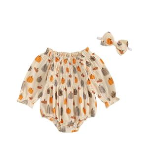 SAYOO Baby Girl Halloween Christmas Romper Cotton Linen Pumpkin Smocked Bubble Romper Bodysuit Off Shoulder Jumpsuit Outfit, 0-3M