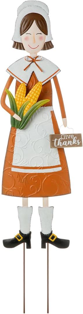 Glitzhome Thanksgiving Yard Stakes Metal Pilgrim Girl Yard Signs Hanging Wall Decors for Thanksgiving Fall Harvest Outdoor Decorations, 36" H