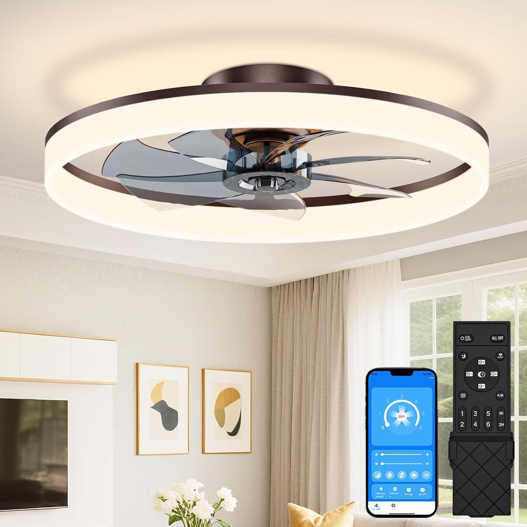 VOLISUN Low Profile Ceiling Fans with Lights and Remote, 24in Fandelier Ceiling Fan Flush Mount, 3000K-6500K Smart Bladeless LED Fan Light, Brown Modern Ceiling Fans with Lights for Bedroom