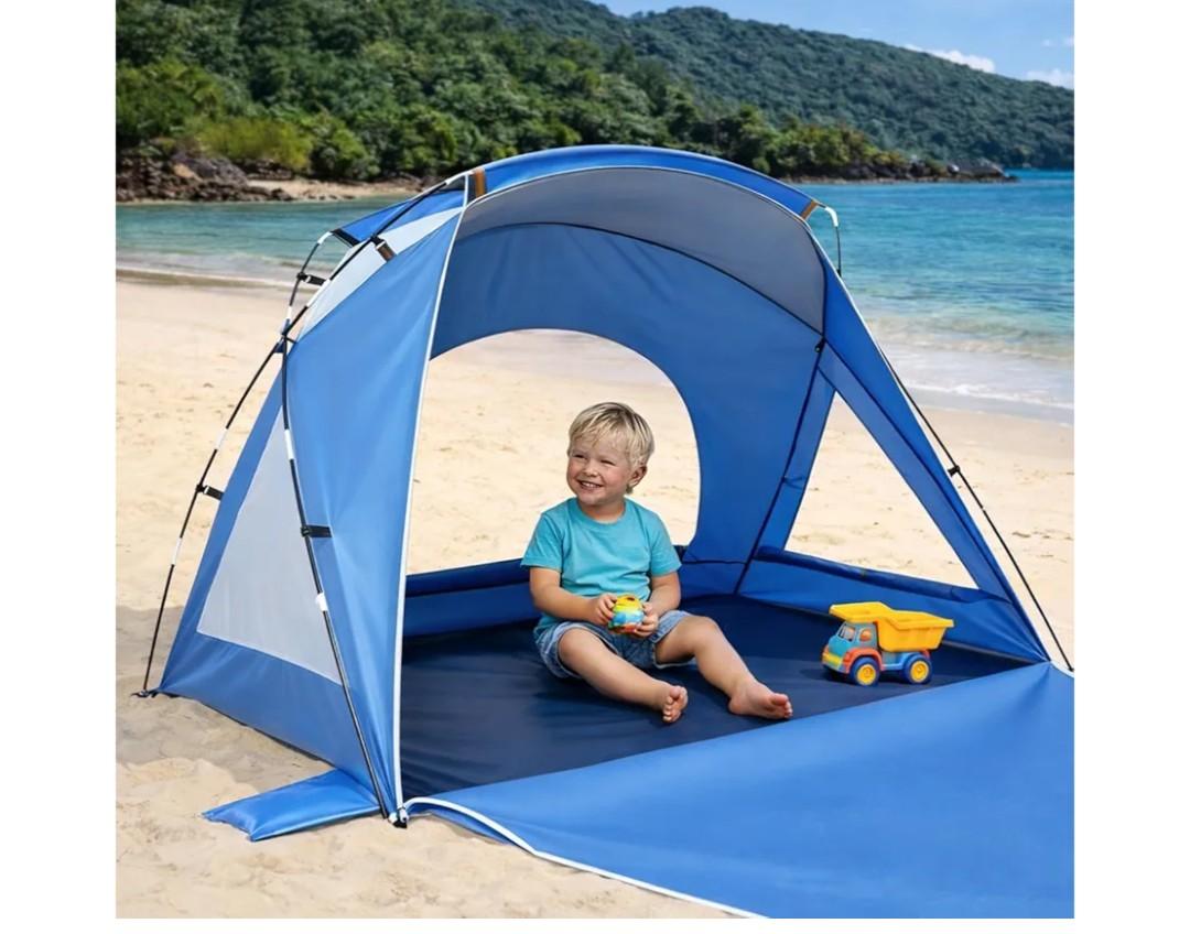 Happy Travel Beach Tent, UPF 50+ UV Protection Sun Shade Shelter for 3/4/5/6/7/8 Person, Portable Beach Canopy for Family & Baby, Lightweight & Easy Setup Beach Cabana with 3 Ventilation Mesh Windows