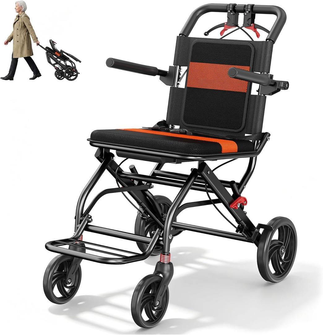 Transport Wheelchair Lightweight Foldable with Telescopic Handle, Portable Folding Wheelchair with Hand Brakes, Compact Travel Wheelchair for Adults & Seniors, Easy Storage,Only 22LBS (Orange)