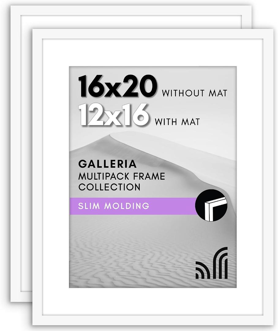 Americanflat 16x20 Picture Frame with Polished Plexiglass - Set of 2 - Use as 12x16 Frame with Mat or Display 16x20 Photo Without Mat - Galleria Collection - Picture Frames for Wall Display - White
