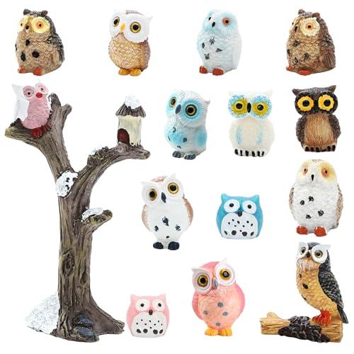 ONEST 14 Pieces Mini Owl Figurines Playset Hand Painted Tiny Owls Realistic Detailed Resin Owl Figures Small Owl Figurines