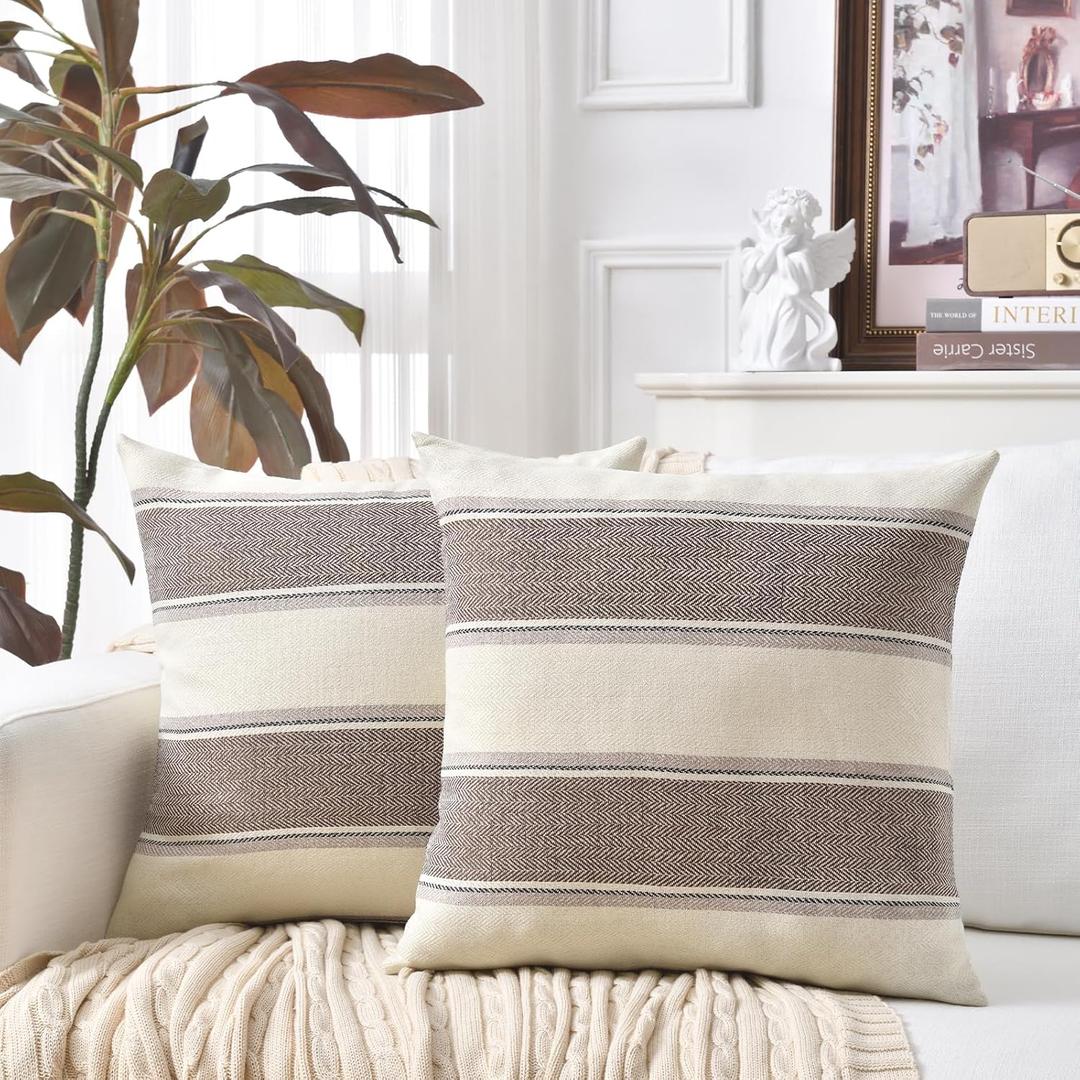 AmHoo Pack of 2 Farmhouse Linen Throw Pillow Cover Cushion Stripe Decoration Buffalo Retro Pillowcase with Hidden Zipper for Sofa Bedroom Car 20 x 20 Inch Brown