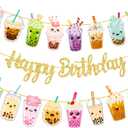 3pcs Bubble Tea Birthday Party Banners Boba Tea Birthday Decorations Gold Glitter Happy Birthday Banner Bubble Mill Tea Cutout Garlands for Baby Shower Supplies