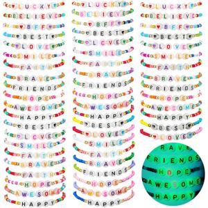 Ecation 96 Pcs Beaded Friendship Bracelets Bulk Colorful Glow in the Dark Inspired Letter Bracelets Y2k Stretchy Preppy Adjustable Jewelry for Music Lovers Fans Women Party Favor Gifts