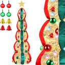 5 FT Collapsible Pop Up Christmas Tree, Pre Lit Pencil Tree with Multi Color Change Lights, Pre Decorated Red & Green Ribbons Artificial Xmas Tree for Home, Office, Party (Gold)