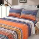 DJY Boho Sheets Set Queen Size(4 PCS) Orange Blue Bohemian Colorful Striped Bedding Sheets 14" Deep Pocket Indian Floral Fitted Sheet Flat Sheet 2 Pillowcases
