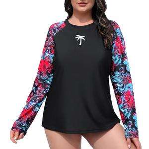 Halcurt Womens Plus Size Long Sleeve Rash Guard Swim Top with Built in Bra Loose Fit UPF50+ Sun Protection Swimsuit Black Red Paisley 2X