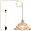 Plug in Pendant Light Fixtures,Hanging Light Fixture Flower Amber Glass Pendant Light 11 inch E26 Pendant Lighting for Kitchen Island, Bedroom, Dining Room, Living Room