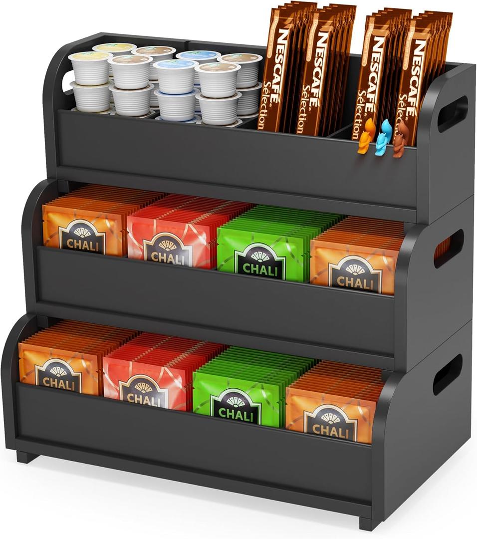 Tea Bag Organizer Storage Holder- Bamboo Countertop Teabag Display Rack 3-Tier Stackable Wall Mount Large Capacity for Pantry Kitchen Office Coffee Station (Black)