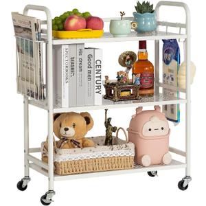 HDANI 3 Tier Metal Mesh Utility Cart, Large Capacity Multipurpose Heavy Vehicle, Rolling Trolley with to Hooks and One Basket (White)