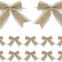 AIMUDI Natural Burlap Bows with Lace 4 Inch Handmade White Lace Jute Bows Pre Tied Gift Bows for Crafts Burlap Bows for Christmas Trees Vintage Wedding Decorative Bows for Party - 12 Counts