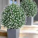 HyeFlora 26'' Artificial Boxwood Topiary Trees with Lavender 2 Pack Fake Plants for Outdoor Indoor Artificial Shrubs with Metal Ground Spike UV Resistant Fake Bushes for Front Porch Garden, White