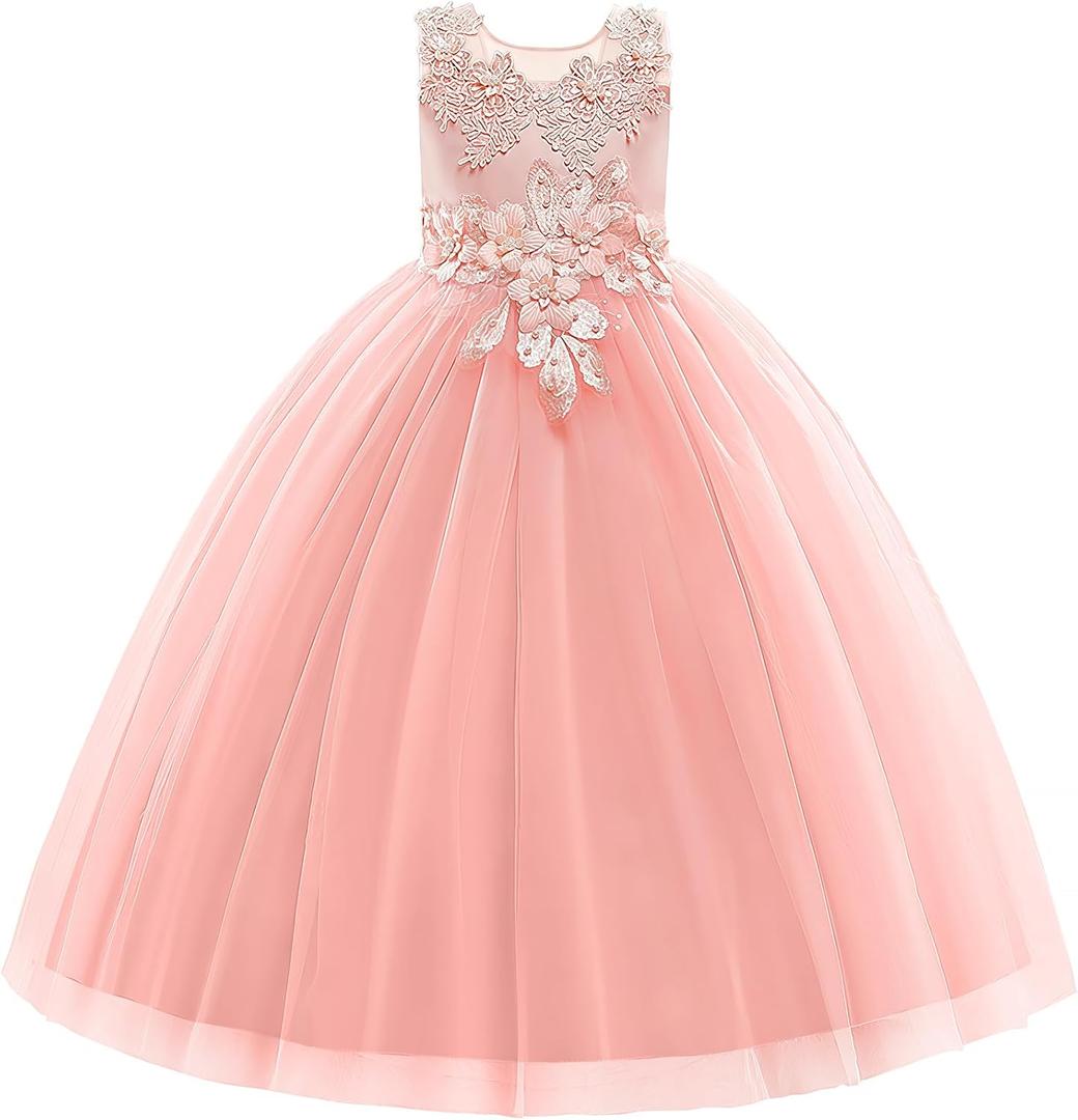 Flower Girl Dress Applique Tulle Dresses Wedding Guest Communion Birthday Party Pageant Baptism Princess Gown (7-8 Years, 2-pink)
