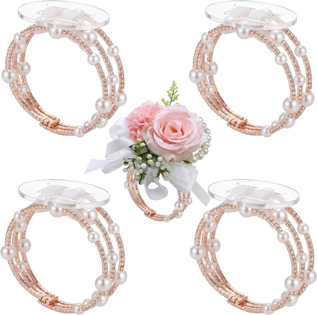 Hotop 4 Pcs Corsage Wrist Bracelet Bands Bride Pearl Rhinestone Bracelet Elastic Wrist Corsage DIY Wedding Wristband Faux Pearl Adjustable Wristband Accessory for Bridal Party Prom (Rose Gold)