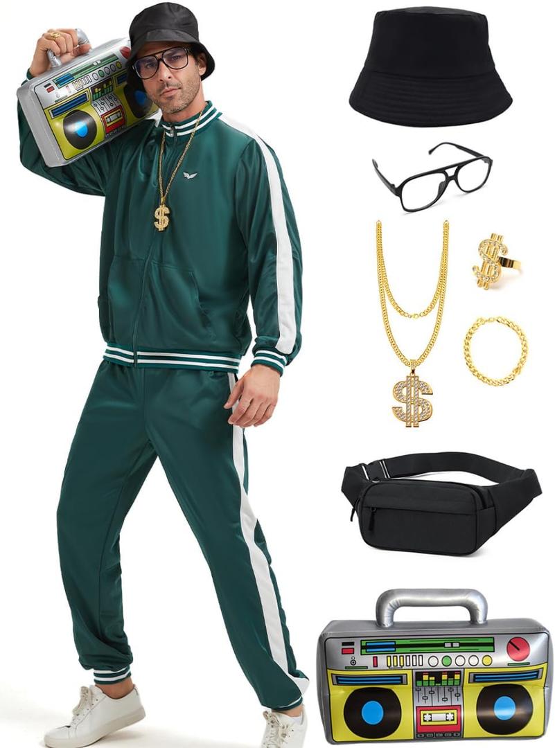 Deaboat 80s Tracksuit for Men - Retro Windbreaker Outfit 90s Mens Track Suits Sportswear Hip Hop Disco Party Costume Set (Small, Green)