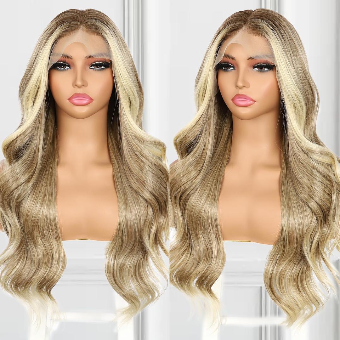 Ash Blonde Lace Front Wig 13x4 Pre Plucked Omber Long Synthetic Wig for Women Body Wave 150% Density Heat Resistant Hair 26 Inch Daily Party Use