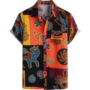 Men's Cotton Linen Vintage Pattern Printed Old Style Shirt Casual Short Sleeve Button Down Retro Shirts (Large, Yellow)