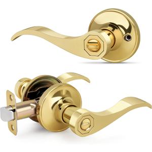 LOQRON Privacy Wave Style Gold Door Handles (No Key) Interior for Bathroom and Interior Closet, Polished Gold Door Lock with Reversible Lever, Polished Brass,1 Pack