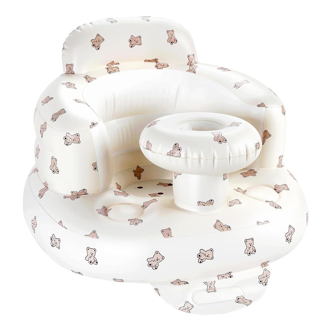 Inflatable Baby Seat with Tray, Comfortable Sit Me Up Floor Seat for Baby Learning to Sit, Portable Built in Air Pump Blow Up Baby ChairSitting Support Infant Chair for 3 Months Up (Bear Cub)