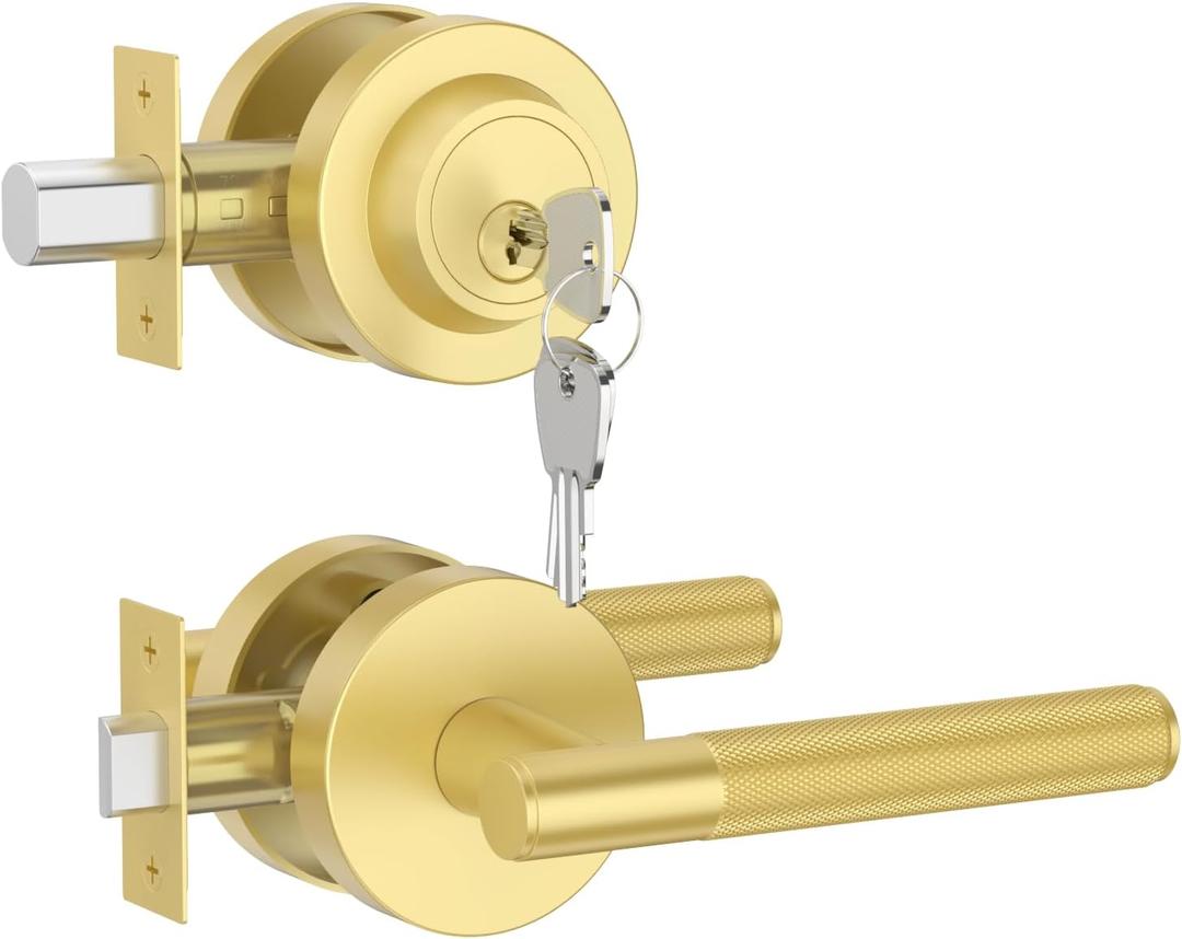 Asidrama Premium Brushed Gold Zinc-Alloy Front Door Lock Set: Double Cylinder Deadbolt, Heavy Duty Security Handleset for Left/Right Exterior Doors, Universal Entry Locks (2 Pack) (Passage with Deadbolt)