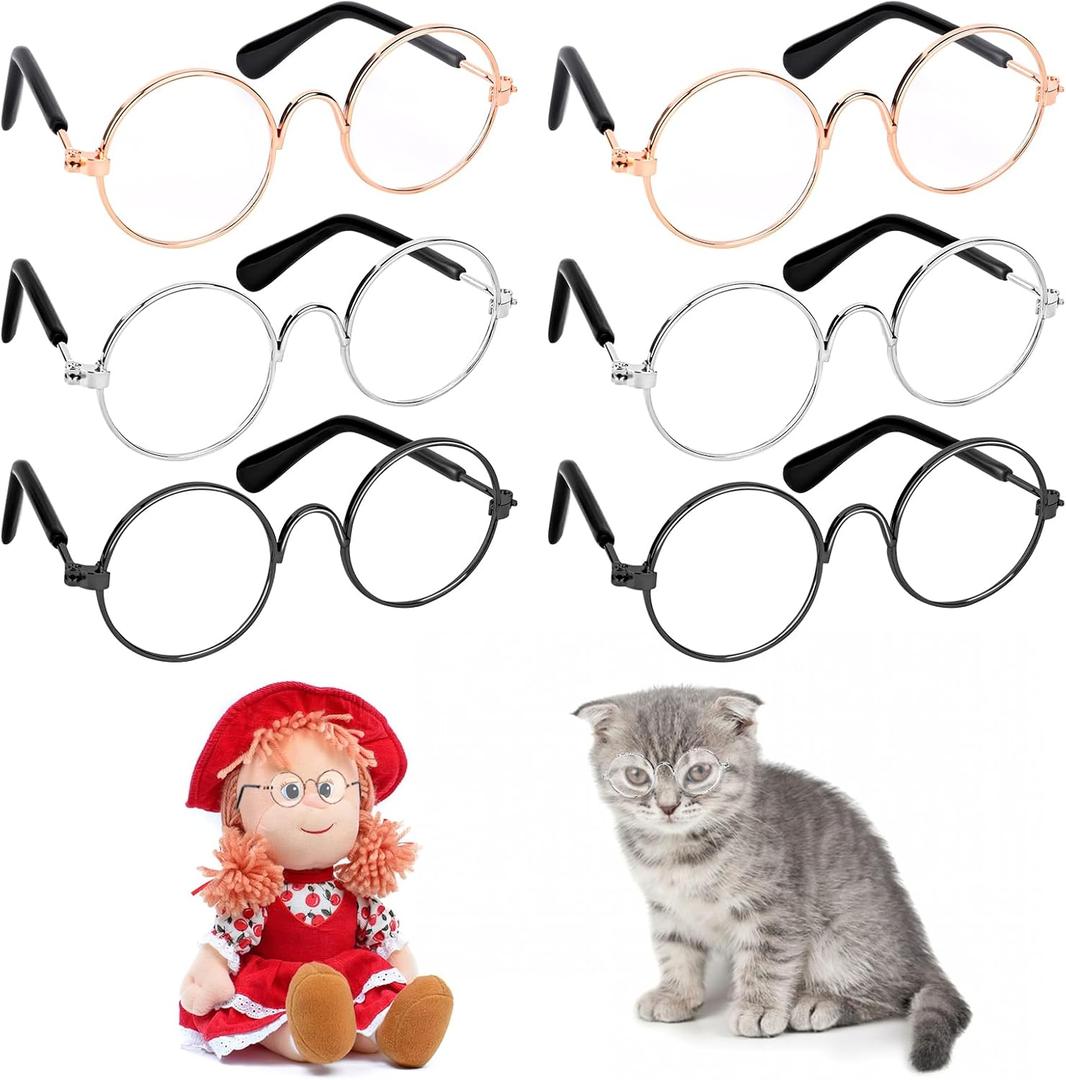 6 Pairs Doll Glasses Metal Wire Rim Clear Lens Small Eyewear Fabric Doll Dress Up Eyeglasses Retro Mini Sunglasses for Dolls Pets Costume Accessories Cosplay