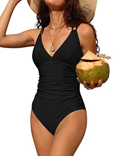 Charmo Tummy Control One Piece Swimsuits for Women Ruched Bathing Suits Criss Cross Strappy Monokini Black Large