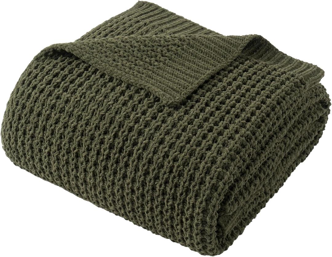 Bunnikins & Clover Olive Green Throw Blanket for Couch, Waffle Knit Blanket Throw, Super Soft Warm Dark Green Throw Blanket for Home Decor,Sofa and Living Room, 60"x80"
