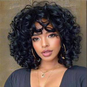 Short Curly Wigs for Black Women Soft Black Big Curly Wig with Bangs Afro Kinky Curls Heat Resistant Natural Looking Synthetic Wig for African American Women Black