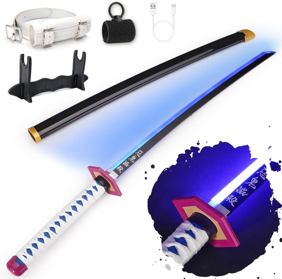 RENGENG Light Up Sword, 40 Inches Rechargeable Plastic Anime Replica with Belt & Stand, Original Texture Anime Sword (Giyu)