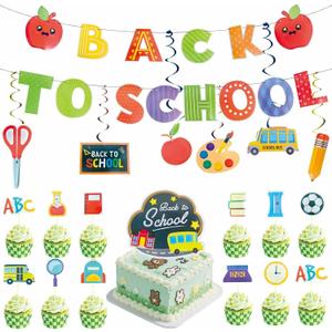 33 Pcs Back to School Decorations Banners Teacher School Supplies First Day of School Cupcake Toppers Hanging Swirls Classroom Party Decor Welcome Back Bulletin Board & Door Decorations