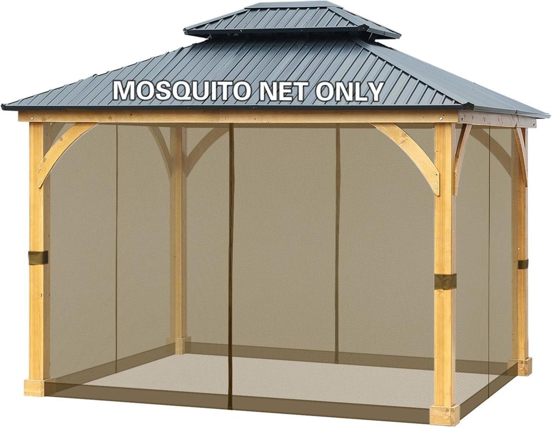 BPS 10' x 12' Gazebo Universal Netting Screen Replacement, 4-Panel Screen Walls with Double Zippers for Outdoor Patio, Brown
